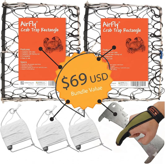 AirFly Foldable Castable Crab Trap - Crab Hawk & Crab Jaw Star Trap with Bait Clip - Portable Fishing Rod Crab Pot for Blue Crabs & Dungeness - Designed in USA (w/ 3 Lines, Gauge, Glove, 2 Traps)