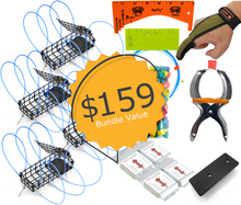 Load image into Gallery viewer, AirFly 6-Loops 5oz Crab Trap for Fishing Pole: Catches Dungeness, Rock & Blue Crabs, 4pcs + Gauge + Glove + 6oz Weight + Claw Binding Tool + Assorted Claw Bands + 6 Loops Reserve + Squid Baits, 4pcs + Mackerel Baits, 4pcs