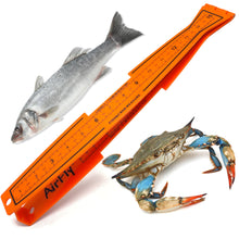 Load image into Gallery viewer, AirFly Folding Fish Measuring Board β 32in Ruler with Built-in 3.25β, 5β, 5.75β Gauges β Dungeness, Blue Crab, Lobster β Ruler for Boat, Shore, Kayak β Orange, Designed in USA