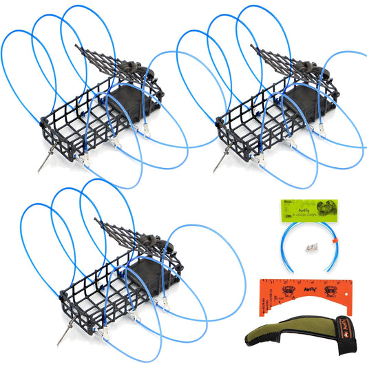 AirFly Crab Snare Kit for Fishing Rod - 2, 3 or 4 Castable 6-Loop Crab Traps with Gauge, Casting Glove & Spare Loops