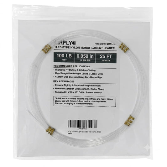 AirFly 100lb Hard Type Nylon Monofilament Leader Material – 0.050” Rigid Mono Shock Tippet for Big Game Fly Fishing, Offshore Trolling, Dropper Rigs & Crab Snares, 25-Foot