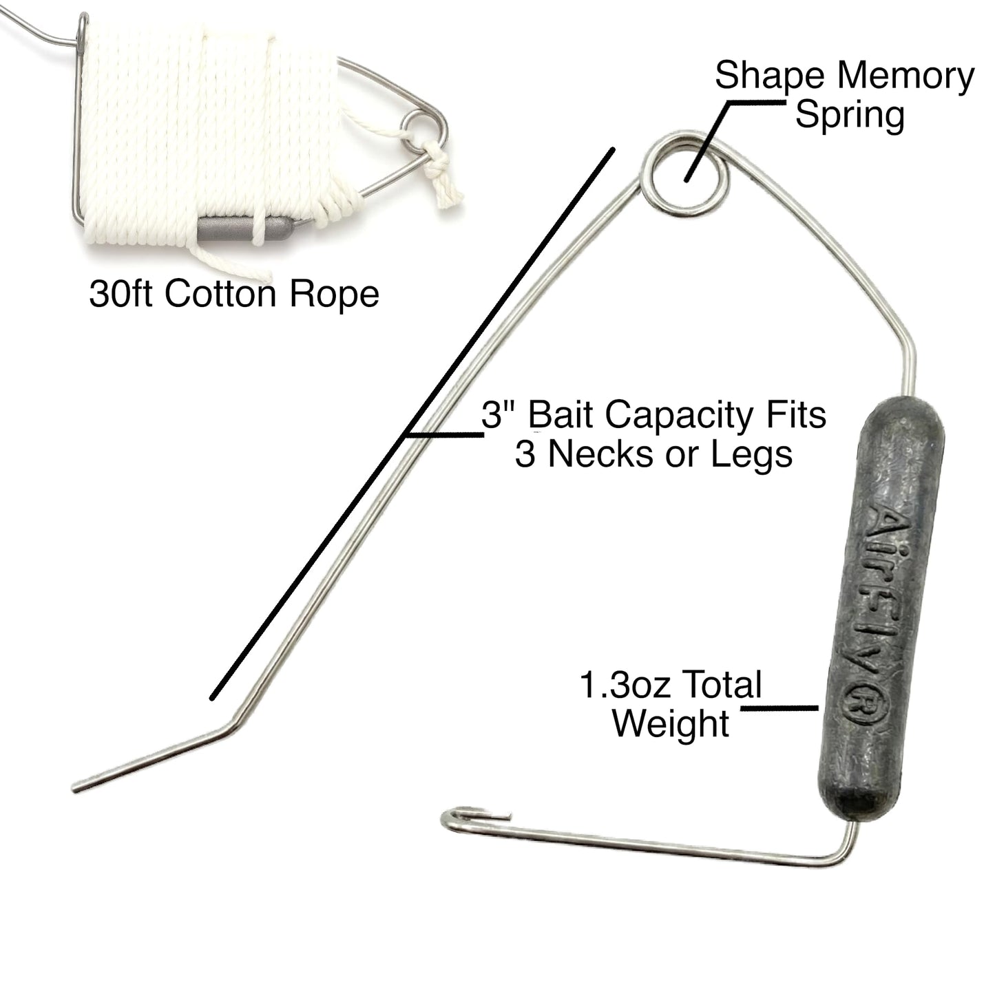Airfly Blue Crab Throw Line - 30ft Cotton Hand Line with Bait-Lock Pin and Sinker - Chicken Necking Drop Line for Pier, Dock and Bridge - Designed in USA