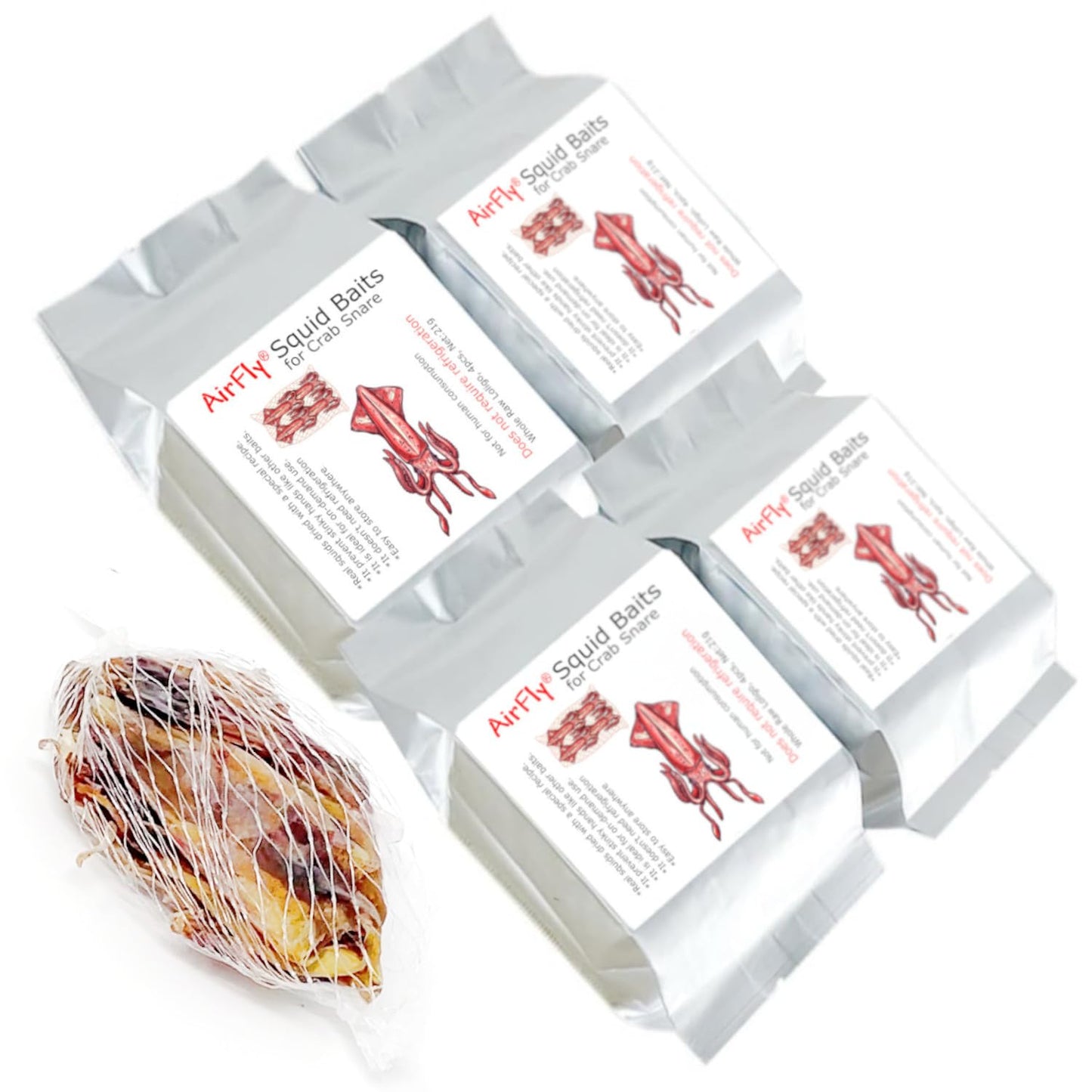 AirFly Real Dried Squid Bait in Mesh Net for Crab Snares & Traps, Easy & Powerful Crab Trap Attractant, Ready-to-Use, No Refrigeration (4 Packs)