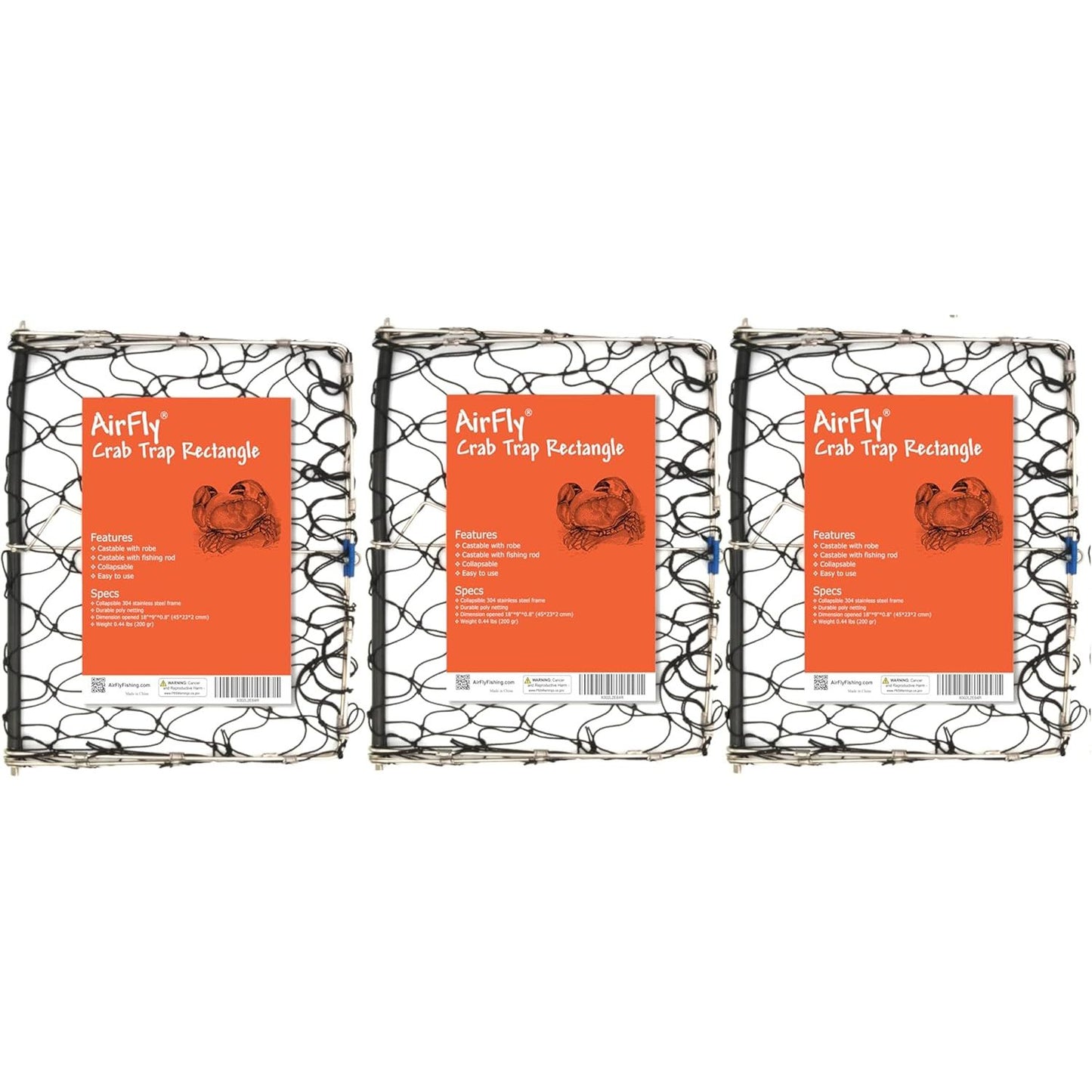 AirFly Foldable Crabjaw Trap with Bait Clip - Redesigned Rectangle Castable Crab Hawk Pot/Ring for Dungeness and Blue Crabs in Florida, Oregon, Washington, Texas, and California, 3pcs