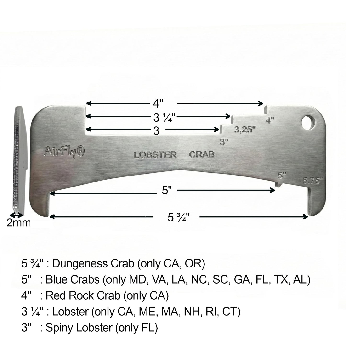 AirFly 5-in-1 Aluminum Crab and Lobster Gauge - Dungeness, Blue, Rock Crab and Lobster - Laser-Etched - CA, ME, MA, MD, FL, TX, Gulf and Canada - Designed in USA