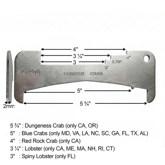 AirFly 5-in-1 Aluminum Crab and Lobster Gauge - Dungeness, Blue, Rock Crab and Lobster - Laser-Etched - CA, ME, MA, MD, FL, TX, Gulf and Canada - Designed in USA