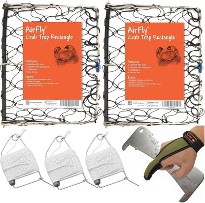 AirFly Foldable Castable Crab Trap - Crab Hawk & Crab Jaw Star Trap with Bait Clip - Portable Fishing Rod Crab Pot for Blue Crabs & Dungeness - Designed in USA (w/ 3 Lines, Gauge, Glove, 2 Traps)