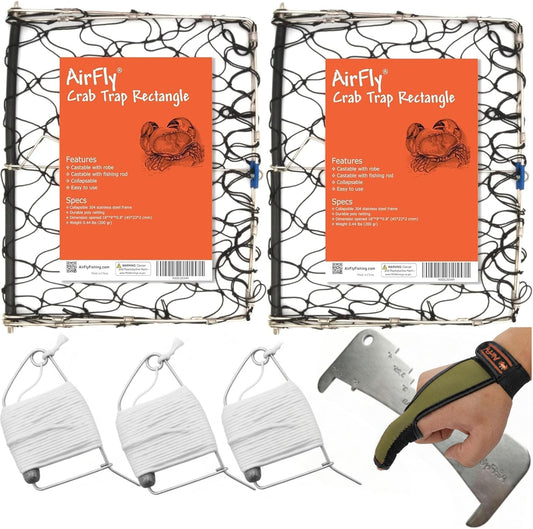 AirFly Foldable Castable Crab Trap - Crab Hawk & Crab Jaw Star Trap with Bait Clip - Portable Fishing Rod Crab Pot for Blue Crabs & Dungeness - Designed in USA (w/ 3 Lines, Gauge, Glove, 2 Traps)