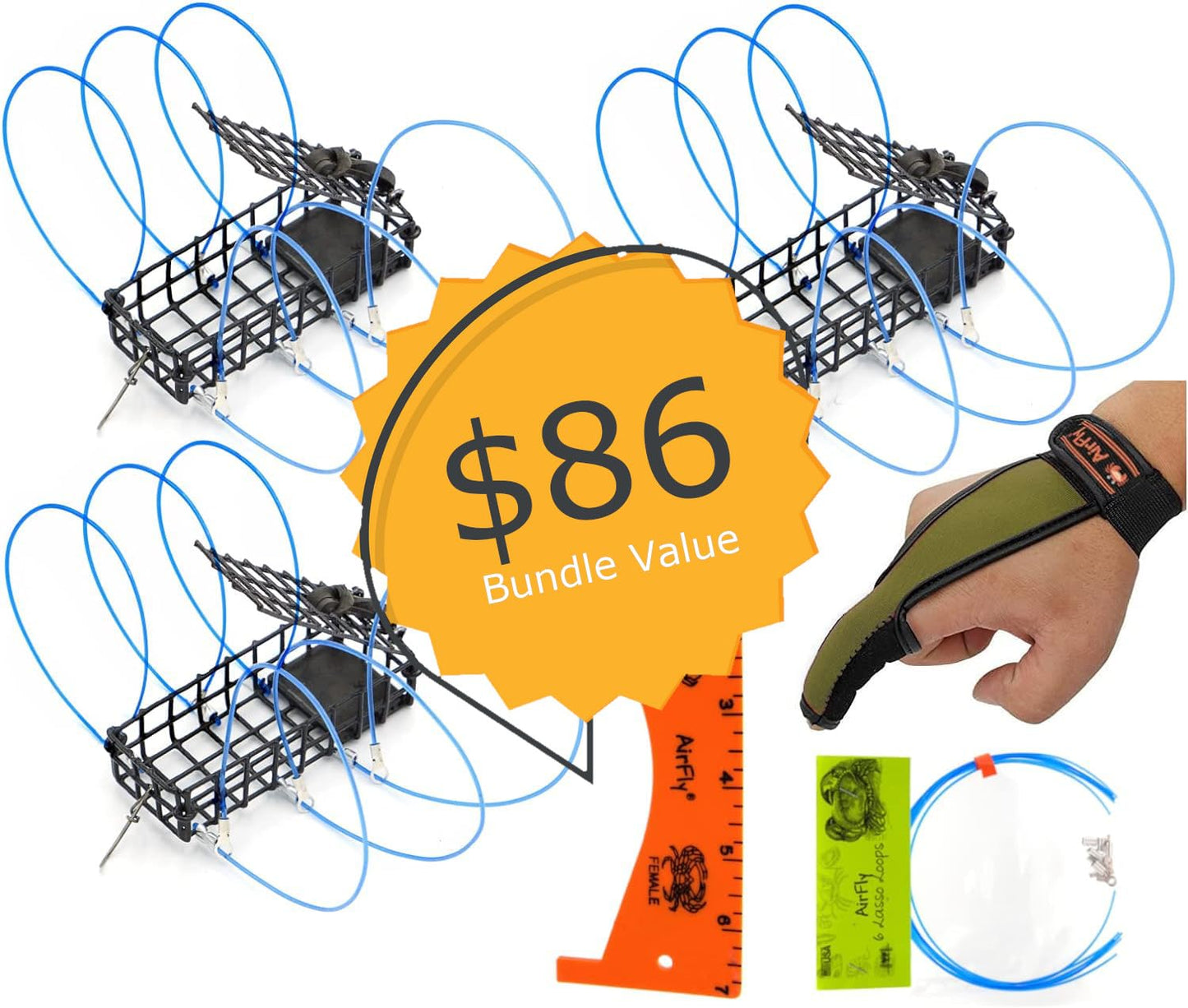AirFly Crab Trap Snares Standard 3 Pack with 6 Replacement Loops Gauge & Glove, Gauge