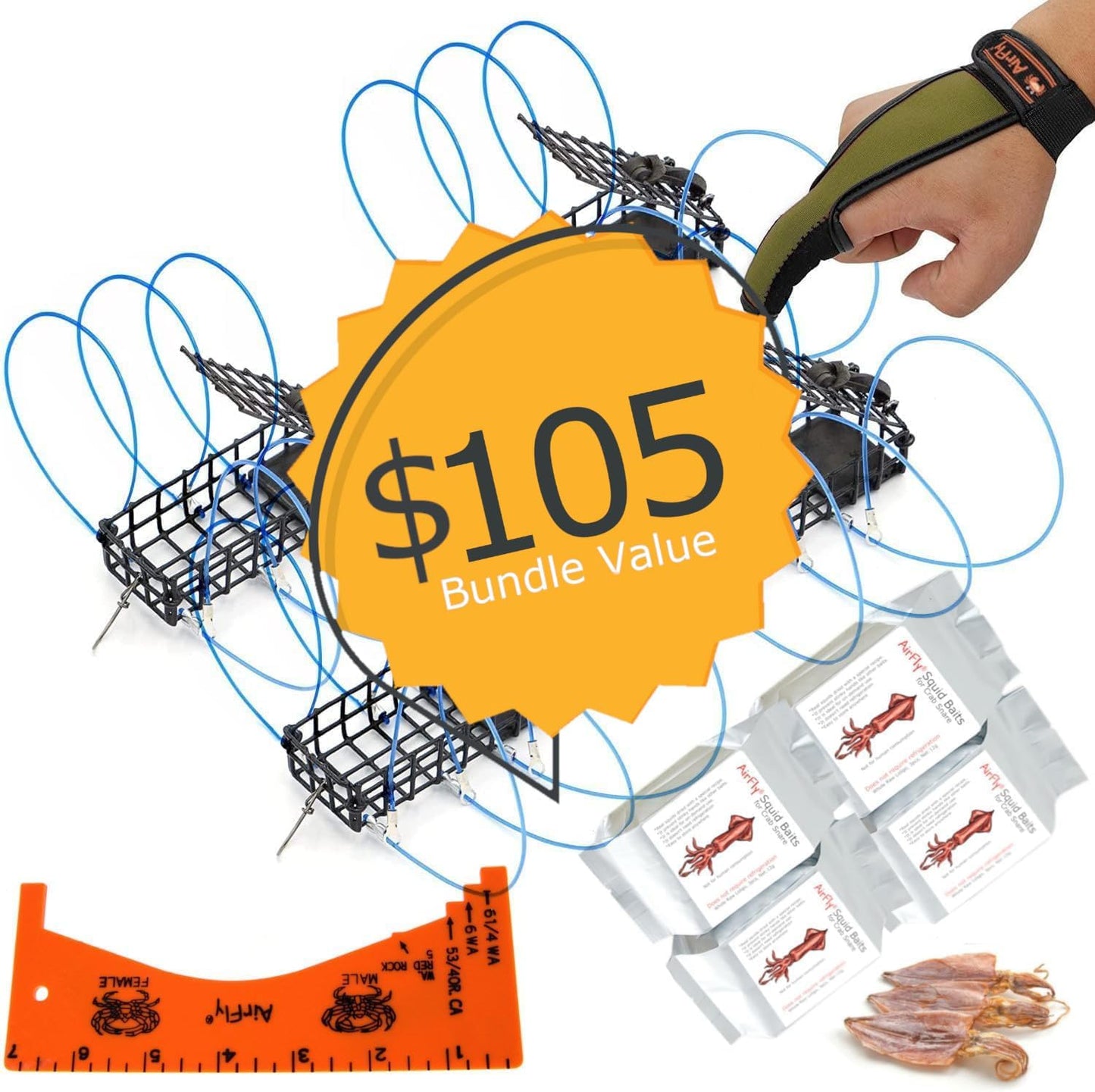 AirFly Heavy Surf 6-Loop Crab Trap for Fishing Poles – Lead-Free, USA-Made, Premium Durable Loops – Ideal for Dungeness, Blue, Rock Crabs – Includes Bait & Reserve Loops