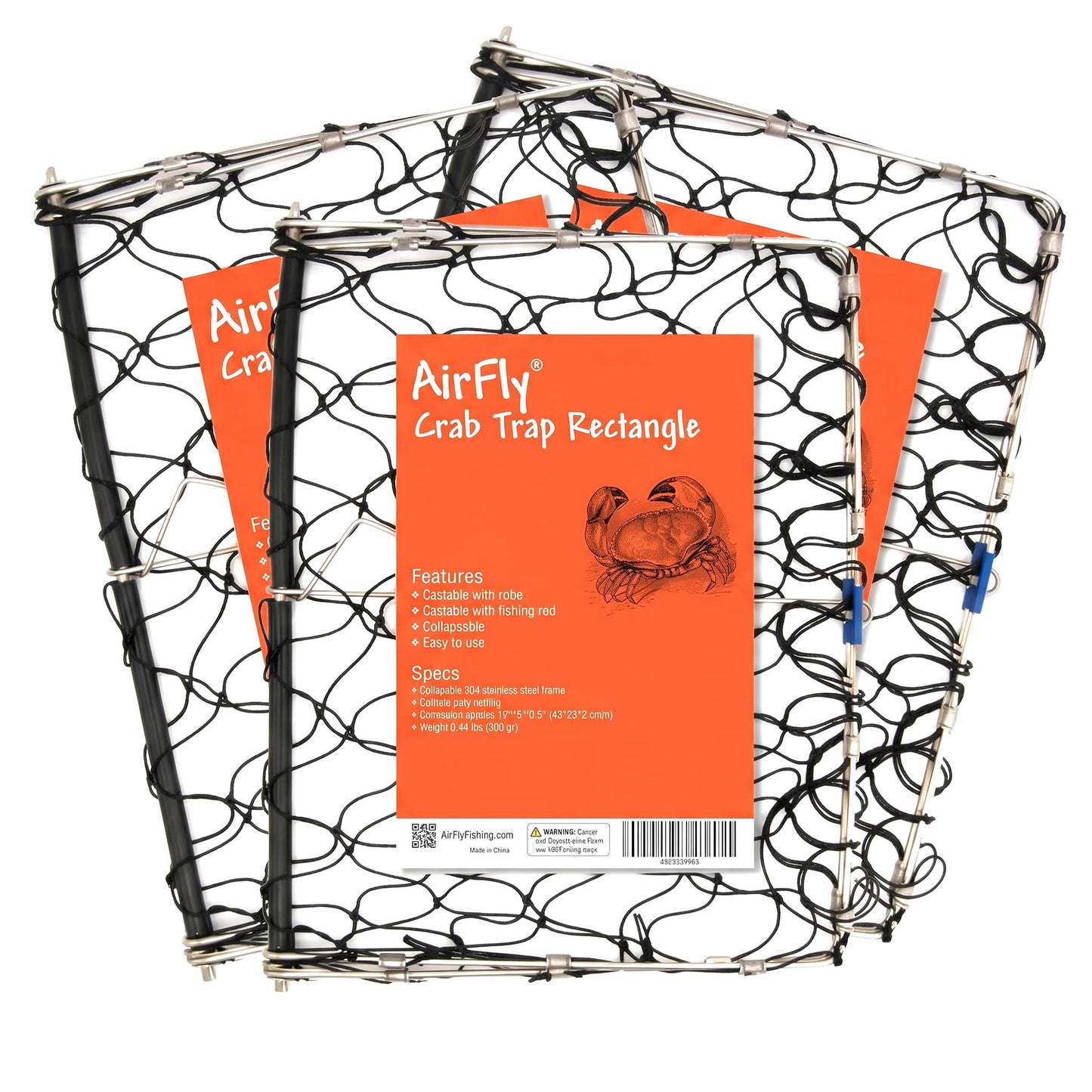 AirFly Foldable Crabjaw Trap with Bait Clip - Redesigned Rectangle Castable Crab Hawk Pot/Ring for Dungeness and Blue Crabs in Florida, Oregon, Washington, Texas, and California, 3pcs