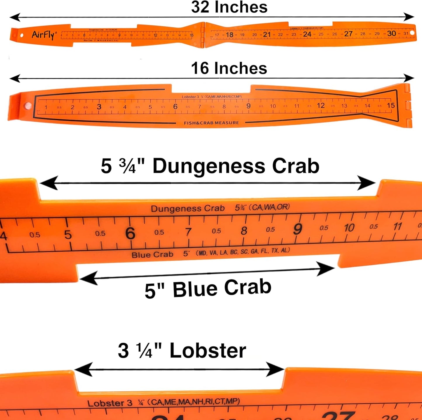 AirFly Folding Fish Measuring Board – 32in Ruler with Built-in 3.25”, 5”, 5.75” Gauges – Dungeness, Blue Crab, Lobster – Ruler for Boat, Shore, Kayak – Orange, Designed in USA