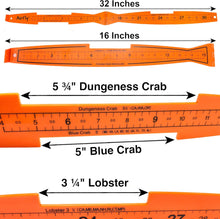 Load image into Gallery viewer, AirFly Folding Fish Measuring Board – 32in Ruler with Built-in 3.25”, 5”, 5.75” Gauges – Dungeness, Blue Crab, Lobster – Ruler for Boat, Shore, Kayak – Orange, Designed in USA
