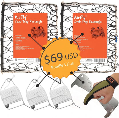 AirFly Foldable Castable Crab Trap - Crab Hawk & Crab Jaw Star Trap with Bait Clip - Portable Fishing Rod Crab Pot for Blue Crabs & Dungeness - Designed in USA (w/ 3 Lines, Gauge, Glove, 2 Traps)