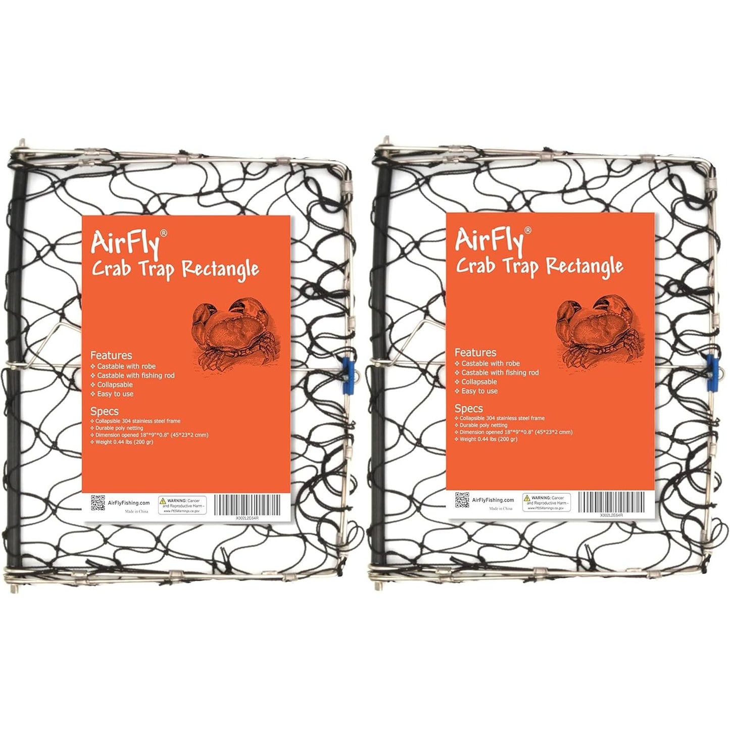 AirFly Foldable Crabjaw Trap with Bait Clip - Redesigned Rectangle Castable Crab Hawk Pot/Ring for Dungeness and Blue Crabs in Florida, Oregon, Washington, Texas, and California,  2pcs