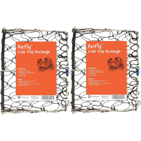 AirFly Foldable Crabjaw Trap with Bait Clip - Redesigned Rectangle Castable Crab Hawk Pot/Ring for Dungeness and Blue Crabs in Florida, Oregon, Washington, Texas, and California,  2pcs