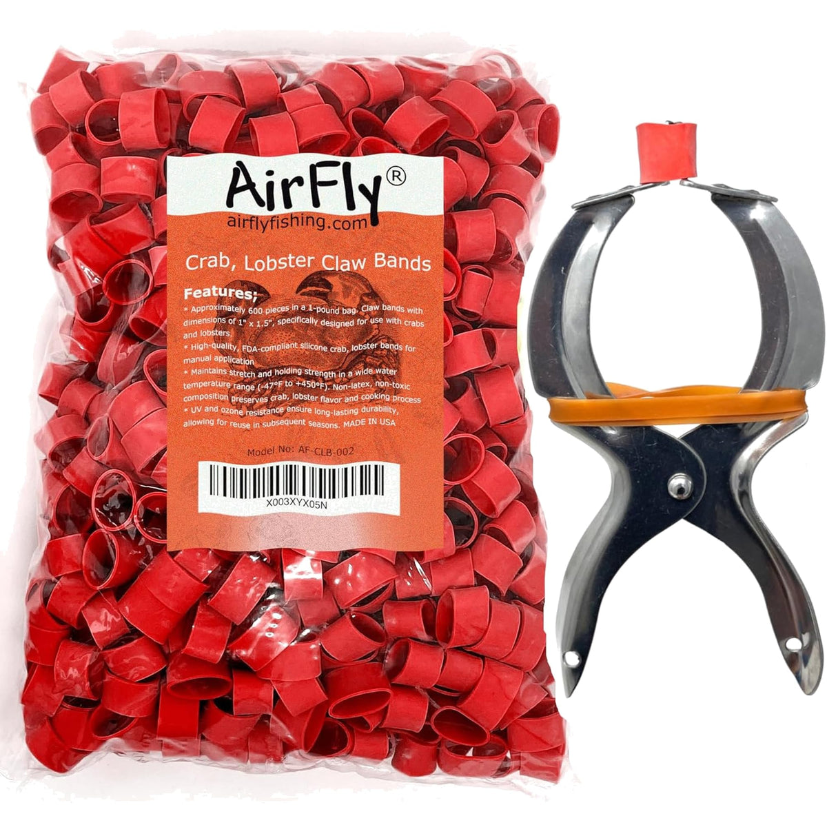 AirFly Crab and Lobster Claw Bands with Bander Tool - 600 Count USA-Made Silicone Bands, Red, FDA-Compliant, Latex-Free,