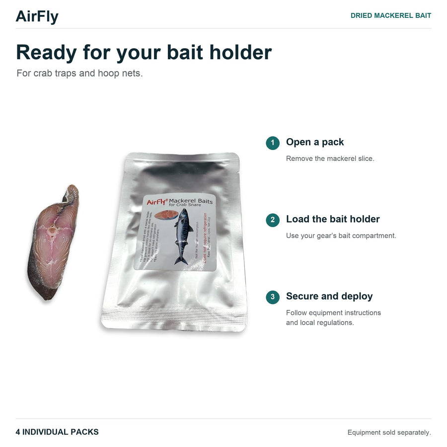 AirFly Dried Mackerel Fishing & Crab Bait, 4 Packs - Real Fish Bait for Crab Traps, Crab Snares & Hoop Nets, Ready to Us