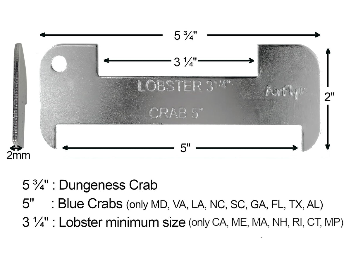 AirFly Aluminum Crab & Lobster Gauge, 5 in & 3¼ in Slots - Blue Crab, American & Spiny Lobster, Laser-Etched, 1 or 2 Pac