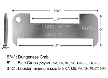 AirFly Aluminum Crab & Lobster Gauge, 5 in & 3¼ in Slots - Blue Crab, American & Spiny Lobster, Laser-Etched, 1 or 2 Pac