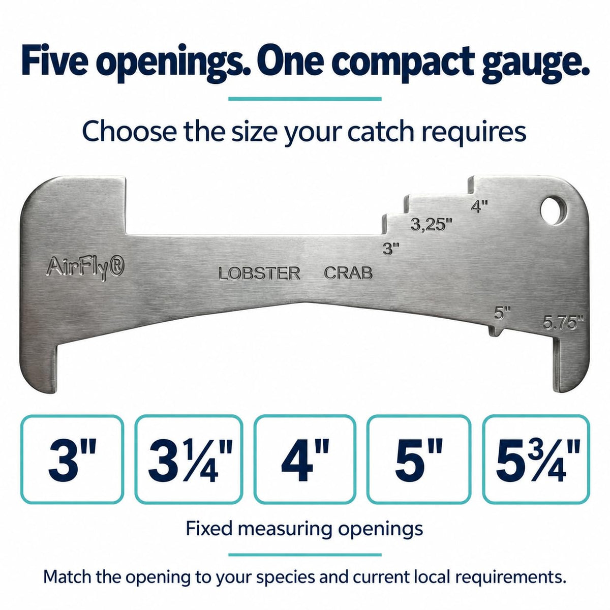 AirFly 5-in-1 Aluminum Crab and Lobster Gauge for Dungeness & Blue Crab - 5¾ in, 5 in, 3¼ in, 4 in & 3 in Openings, Lase