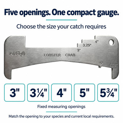 AirFly 5-in-1 Aluminum Crab and Lobster Gauge for Dungeness & Blue Crab - 5¾ in, 5 in, 3¼ in, 4 in & 3 in Openings, Lase
