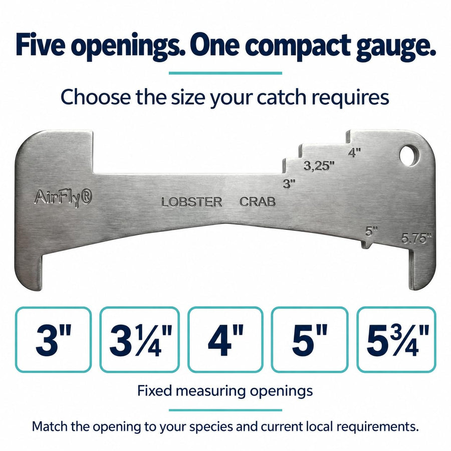 AirFly 5-in-1 Aluminum Crab and Lobster Gauge for Dungeness & Blue Crab - 5¾ in, 5 in, 3¼ in, 4 in & 3 in Openings, Lase