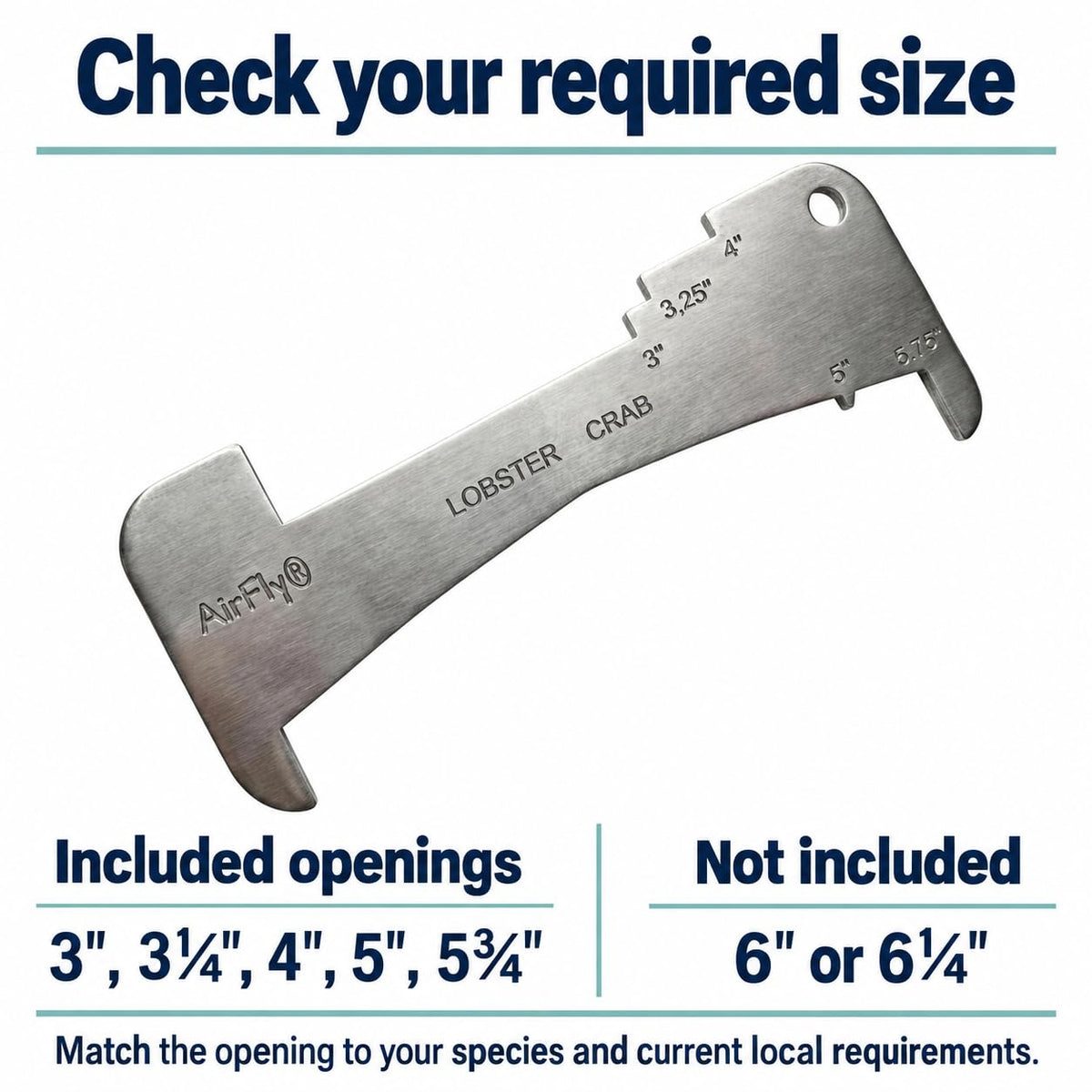 AirFly 5-in-1 Aluminum Crab and Lobster Gauge for Dungeness & Blue Crab - 5¾ in, 5 in, 3¼ in, 4 in & 3 in Openings, Lase
