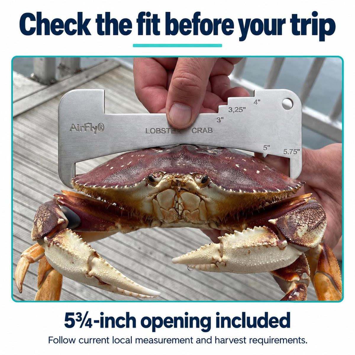 AirFly 5-in-1 Aluminum Crab and Lobster Gauge for Dungeness & Blue Crab - 5¾ in, 5 in, 3¼ in, 4 in & 3 in Openings, Lase