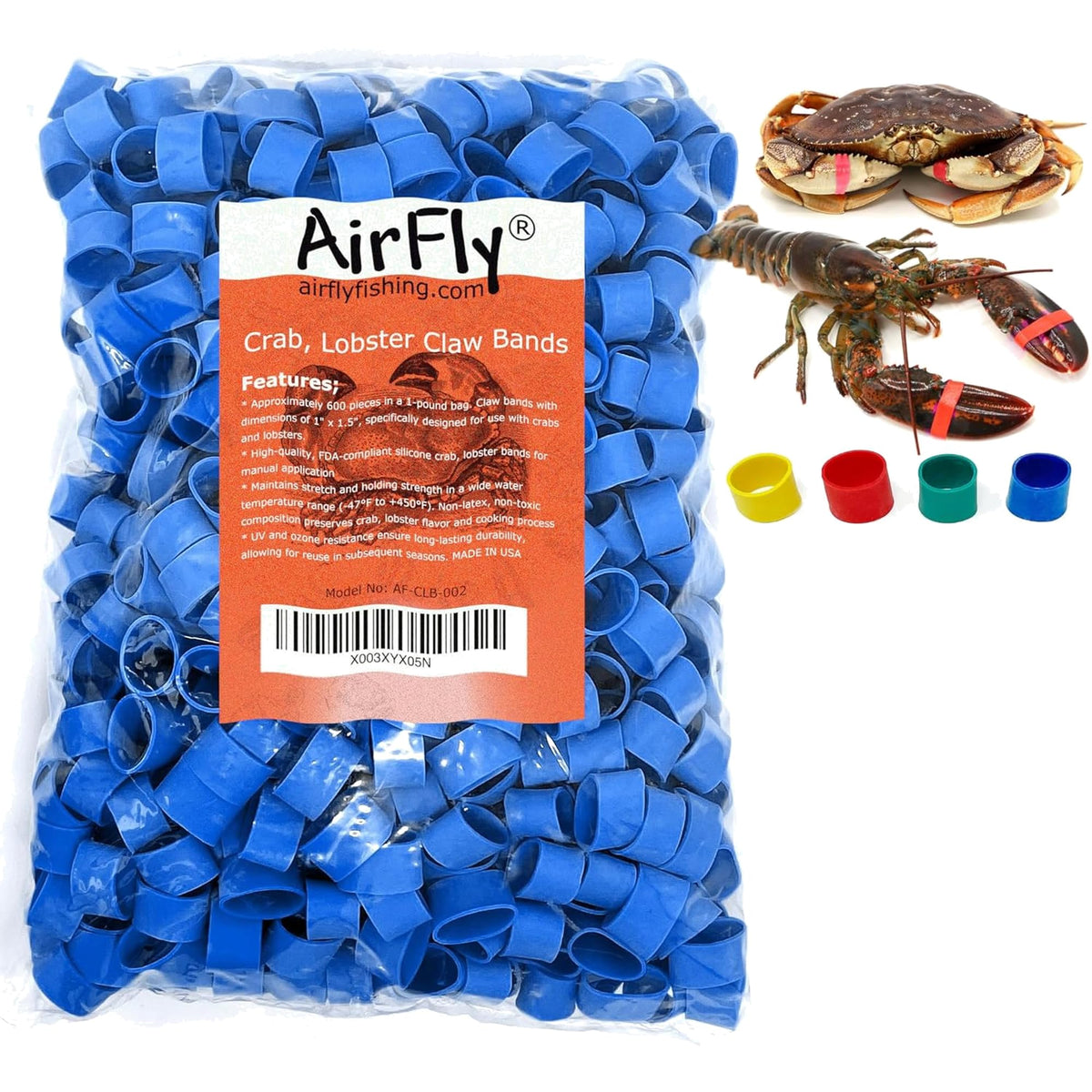 AirFly Silicone Crab and Lobster Claw Bands, 600 Count, Blue, Made in USA - About 1 lb of 1 x 0.5 in Bands, FDA-Complian