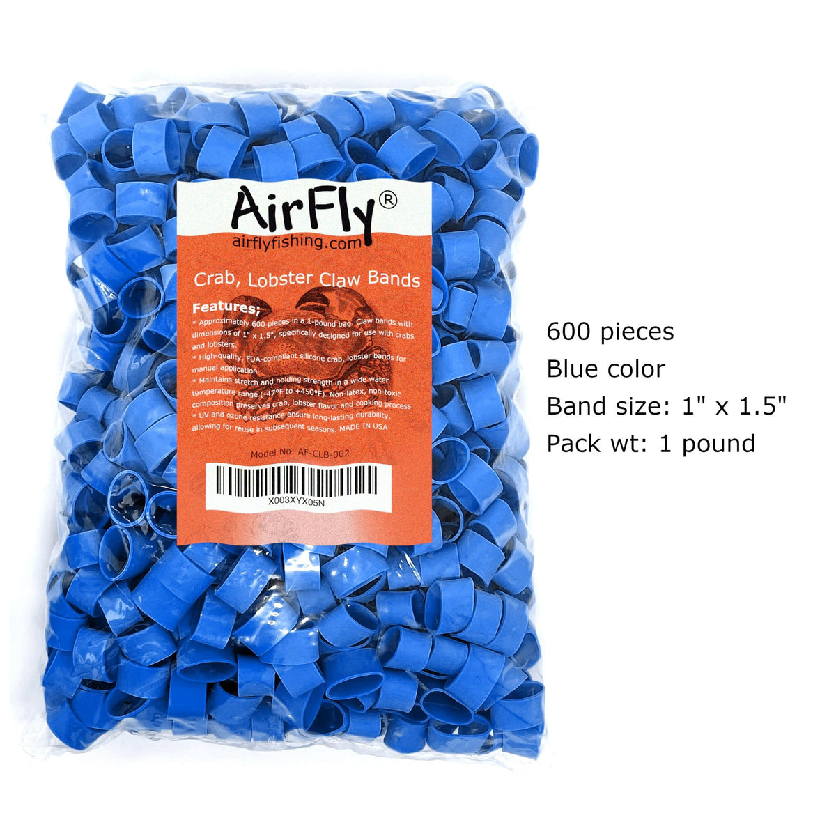 AirFly Silicone Crab and Lobster Claw Bands, 600 Count, Blue, Made in USA - About 1 lb of 1 x 0.5 in Bands, FDA-Complian