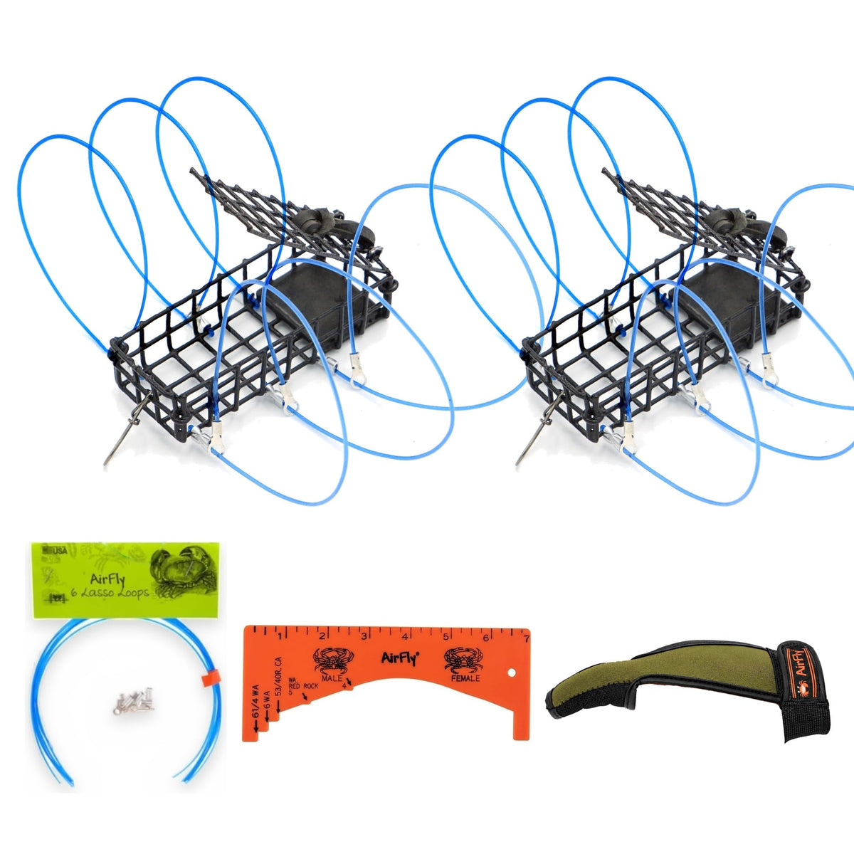 AirFly Crab Snare Kit for Fishing Rod - 2, 3 or 4 Castable 6-Loop Crab Traps with Gauge, Casting Glove & Spare Loops