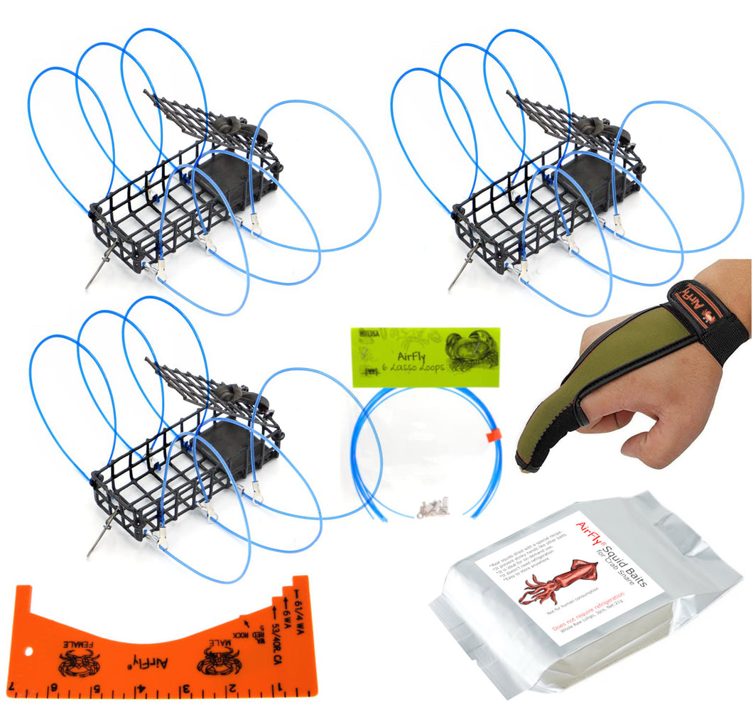 AirFly Castable Crab Traps for Dungeness, Rock and Blue Crab (3 Snares + Gauge + Glove + Loops)