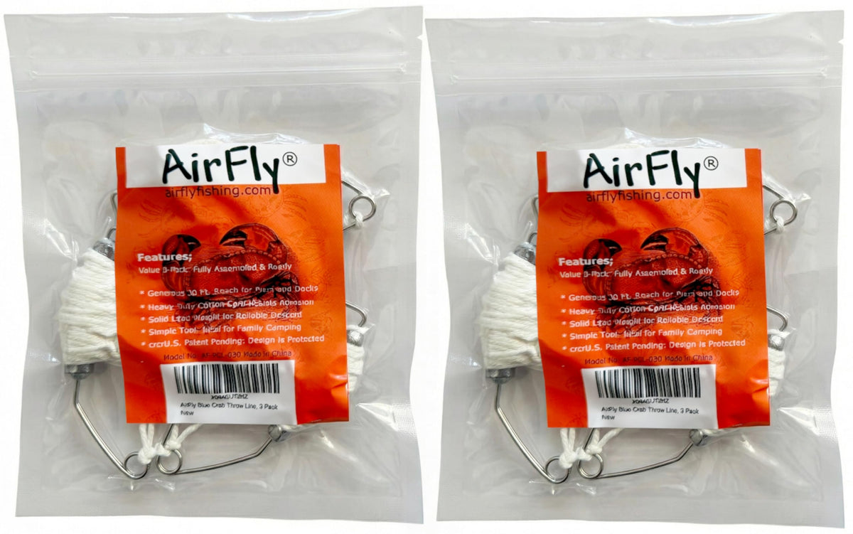 AirFly 6 Pack Blue Crab Throw Line, 30 ft Hand Line with Sinker & Bait-Lock Pin - Chicken Necking from Pier, Dock or Bri