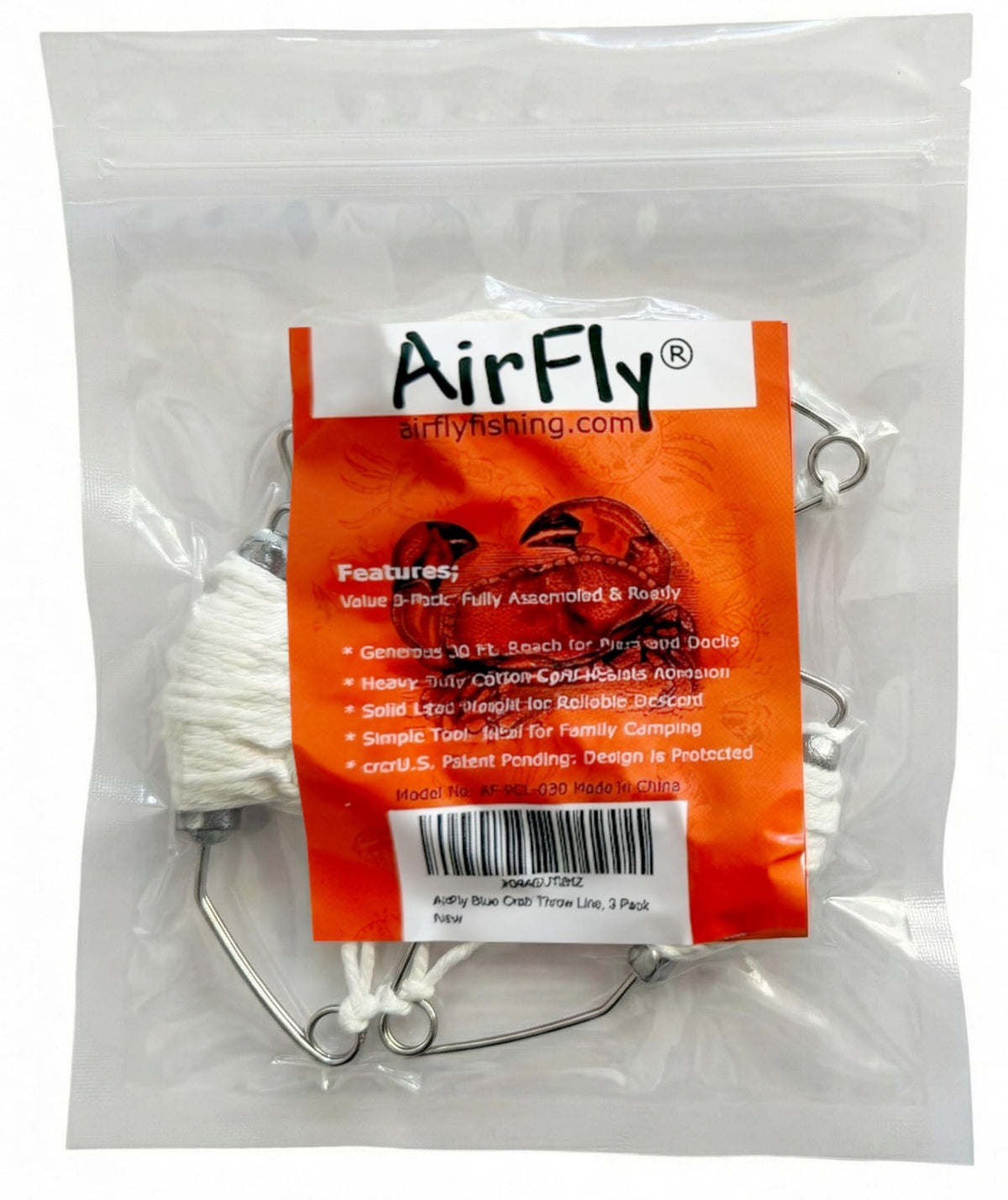 AirFly 3 Pack Blue Crab Throw Line, 30 ft Hand Line with Sinker & Bait-Lock Pin - Chicken Necking from Pier, Dock or Bri