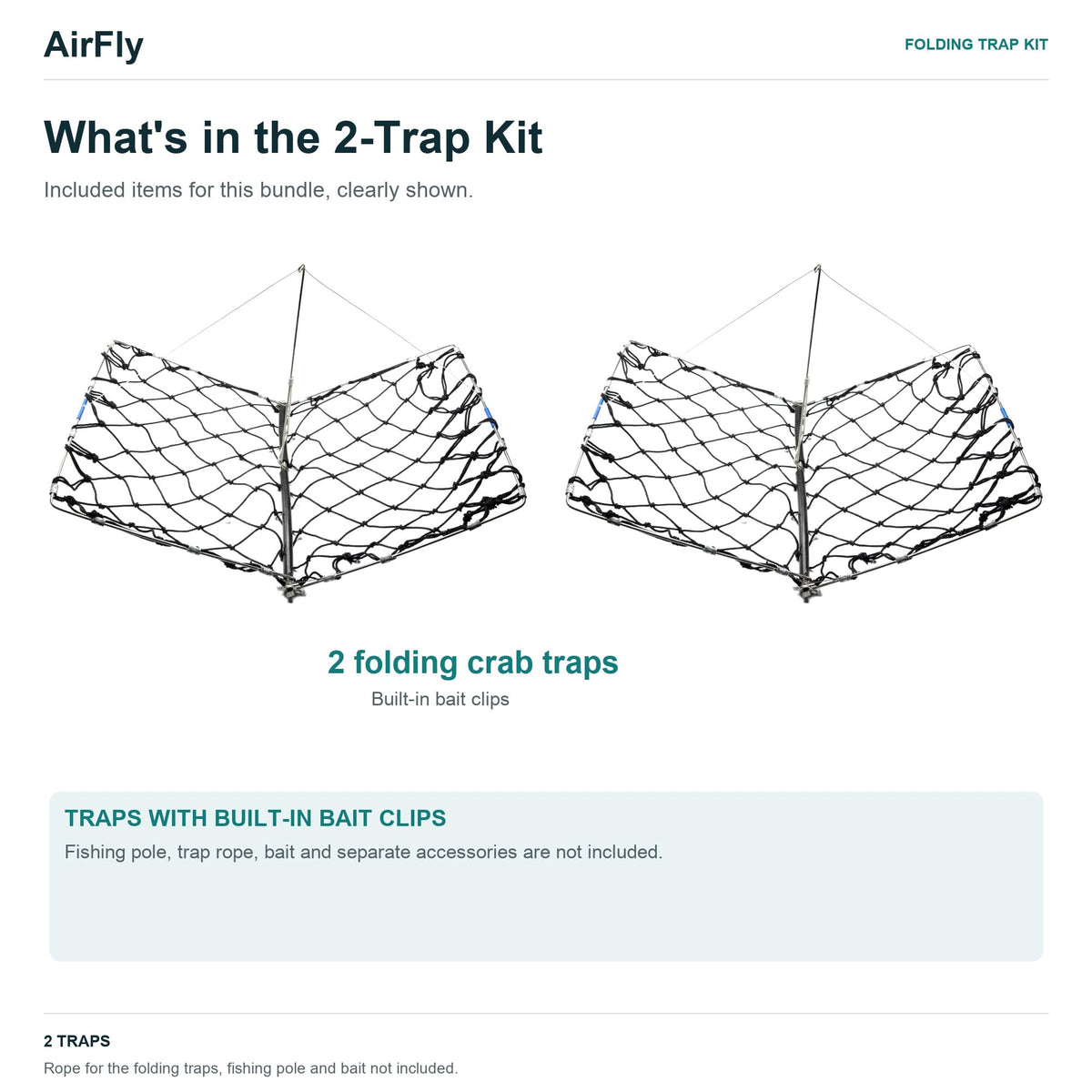 AirFly Castable Folding Crab Trap for Fishing Rod, Dungeness and Blue Crab - 2 Folding Traps with Built-in Bait Clips, F