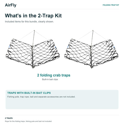 AirFly Castable Folding Crab Trap for Fishing Rod, Dungeness and Blue Crab - 2 Folding Traps with Built-in Bait Clips, F