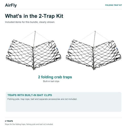 AirFly Castable Folding Crab Trap for Fishing Rod, Dungeness and Blue Crab - 2 Folding Traps with Built-in Bait Clips, F