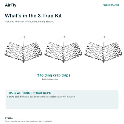 AirFly Castable Folding Crab Trap for Fishing Rod, Dungeness and Blue Crab - 3 Folding Traps with Built-in Bait Clips, F