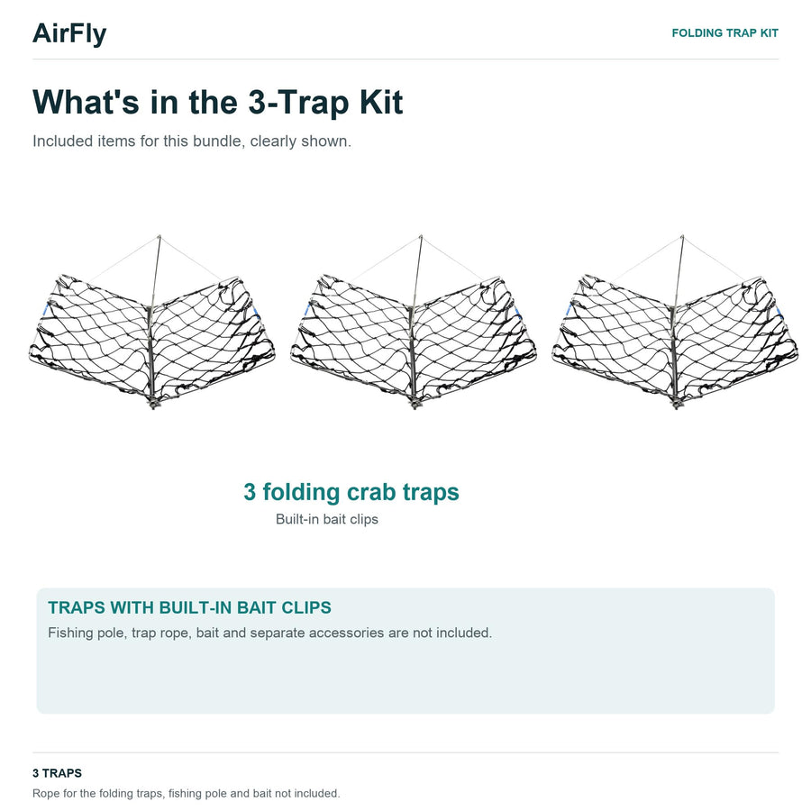 AirFly Castable Folding Crab Trap for Fishing Rod, Dungeness and Blue Crab - 3 Folding Traps with Built-in Bait Clips, F