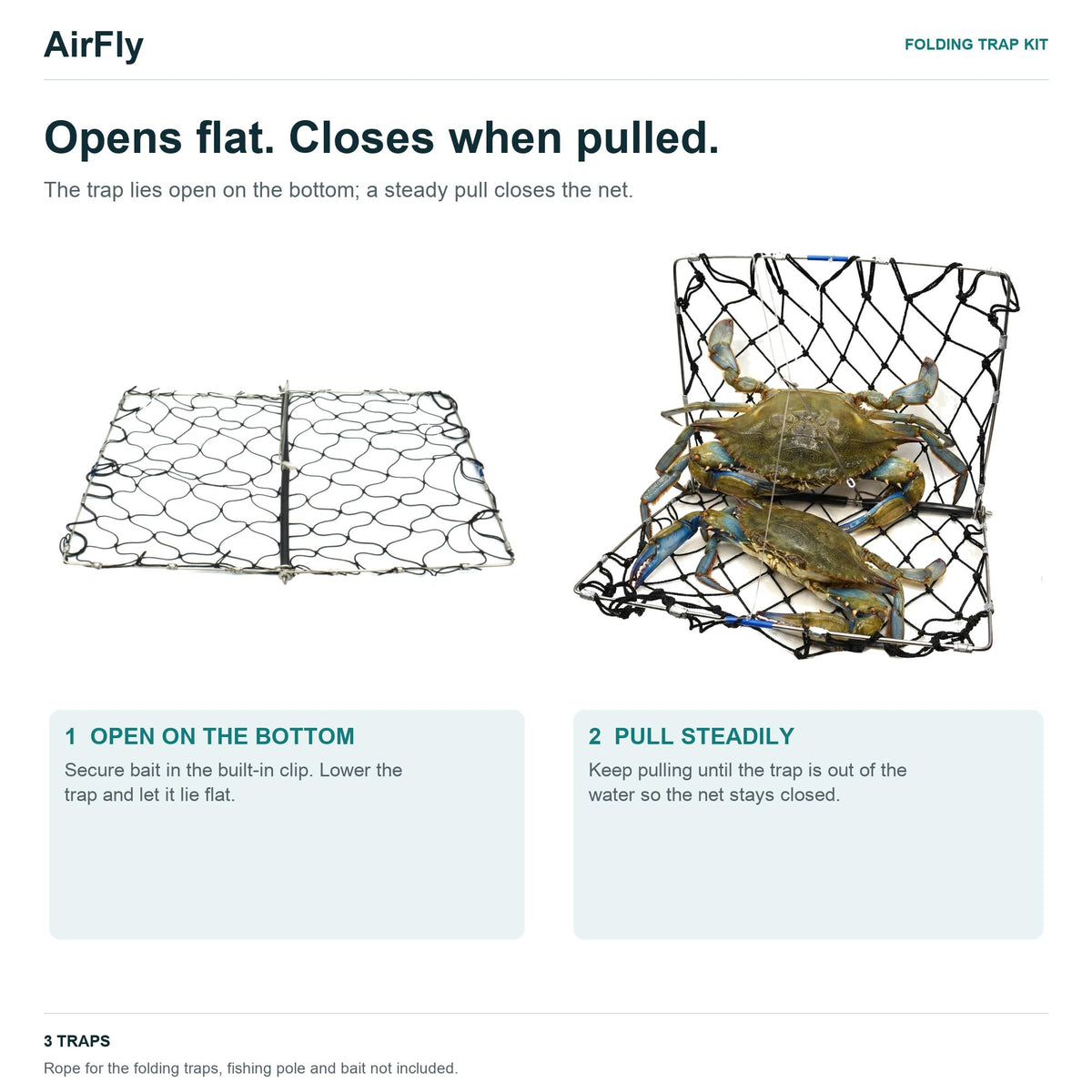 AirFly Castable Folding Crab Trap for Fishing Rod, Dungeness and Blue Crab - 3 Folding Traps with Built-in Bait Clips, F