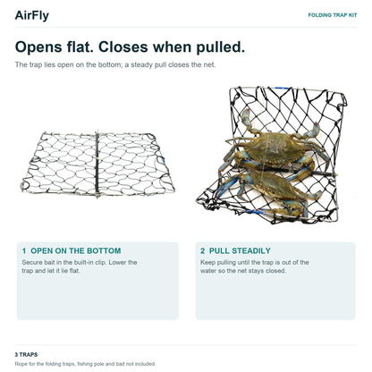AirFly Castable Folding Crab Trap for Fishing Rod, Dungeness and Blue Crab - 3 Folding Traps with Built-in Bait Clips, F
