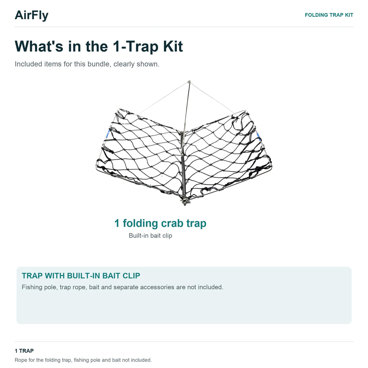 AirFly Castable Folding Crab Trap for Fishing Rod, Dungeness and Blue Crab - 1 Folding Trap, Stainless Steel Frame, Buil