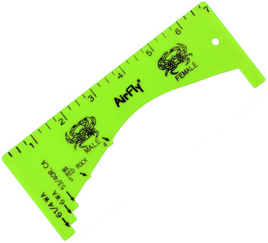 AirFly Green Crab Gauge, 5 Openings, Dungeness, Rock & Blue Crab - 4, 5, 5¾, 6 & 6¼ in in One Tool, Sex ID Diagrams, Lan