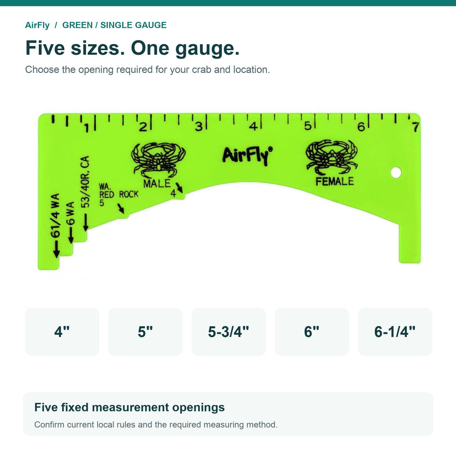AirFly Green Crab Gauge, 5 Openings, Dungeness, Rock & Blue Crab - 4, 5, 5¾, 6 & 6¼ in Sizes, Lightweight ABS, Molded Ma