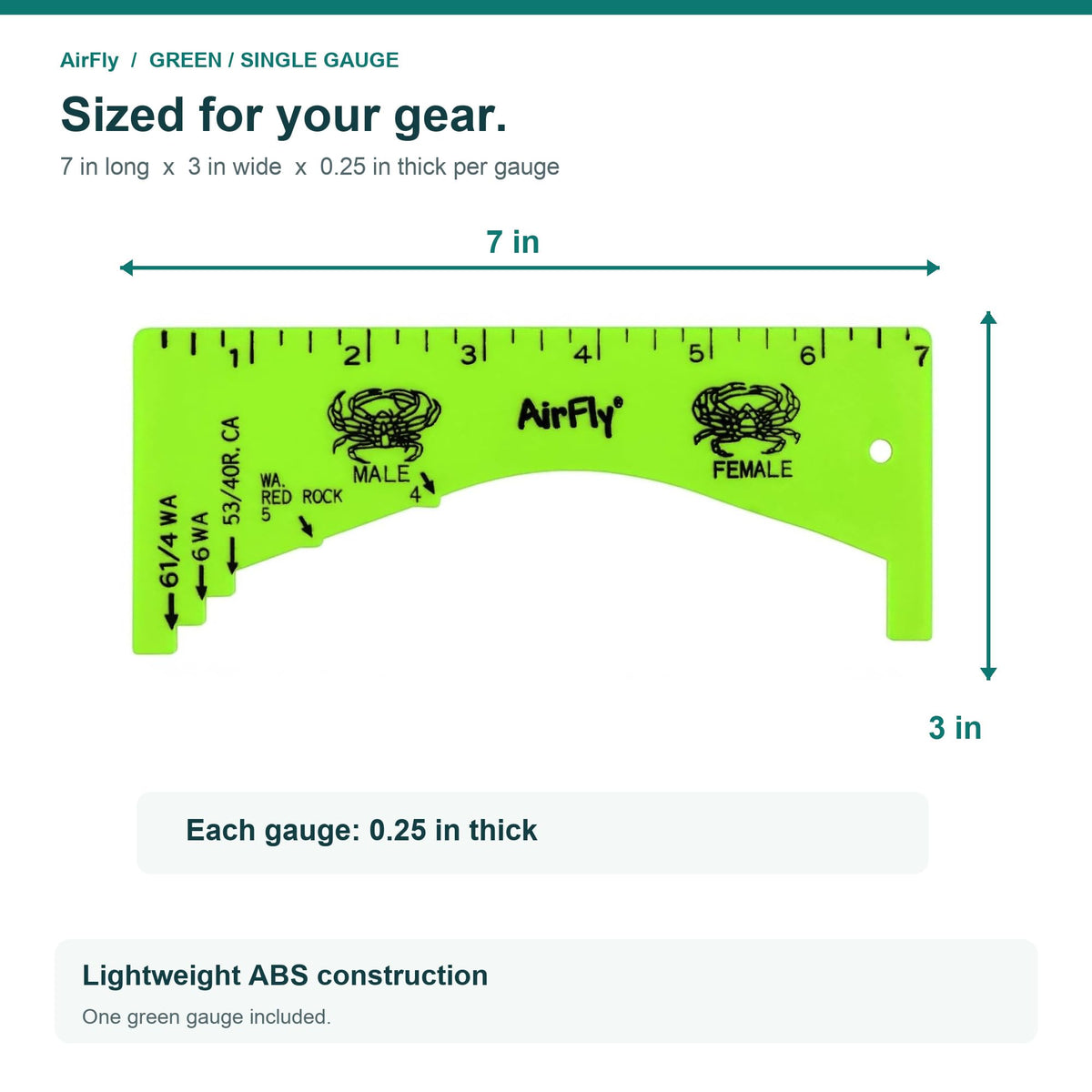 AirFly Green Crab Gauge, 5 Openings, Dungeness, Rock & Blue Crab - 4, 5, 5¾, 6 & 6¼ in Sizes, Lightweight ABS, Molded Ma