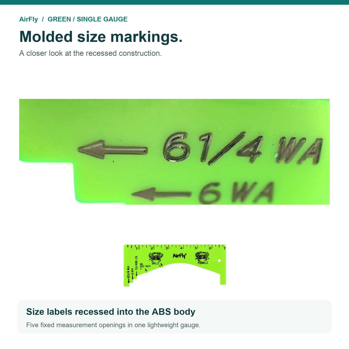 AirFly Green Crab Gauge, 5 Openings, Dungeness, Rock & Blue Crab - 4, 5, 5¾, 6 & 6¼ in Sizes, Lightweight ABS, Molded Ma