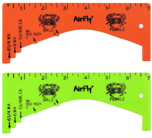 AirFly 2 Pack Crab Gauge, 1 Orange + 1 Green, 5 Openings, Dungeness, Rock & Blue Crab - 4, 5, 5¾, 6 & 6¼ in, Sex ID Diag