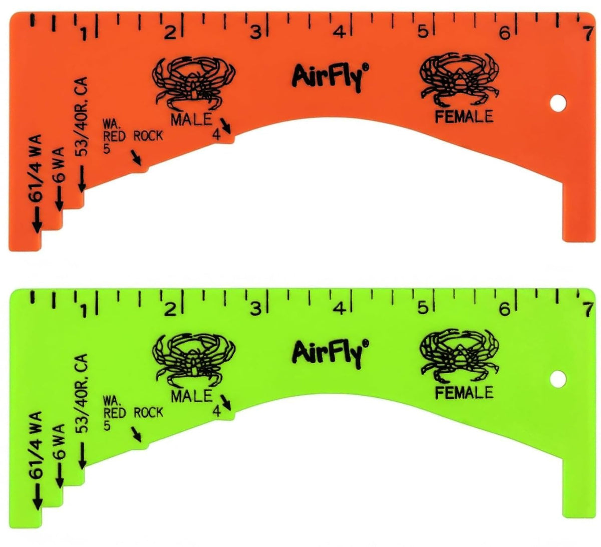 AirFly 2 Pack Crab Gauge, 1 Orange + 1 Green, 5 Openings, Dungeness, Rock & Blue Crab - 4, 5, 5¾, 6 & 6¼ in Sizes, Molde