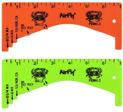 AirFly 2 Pack Crab Gauge, 1 Orange + 1 Green, 5 Openings, Dungeness, Rock & Blue Crab - 4, 5, 5¾, 6 & 6¼ in Sizes, Molde